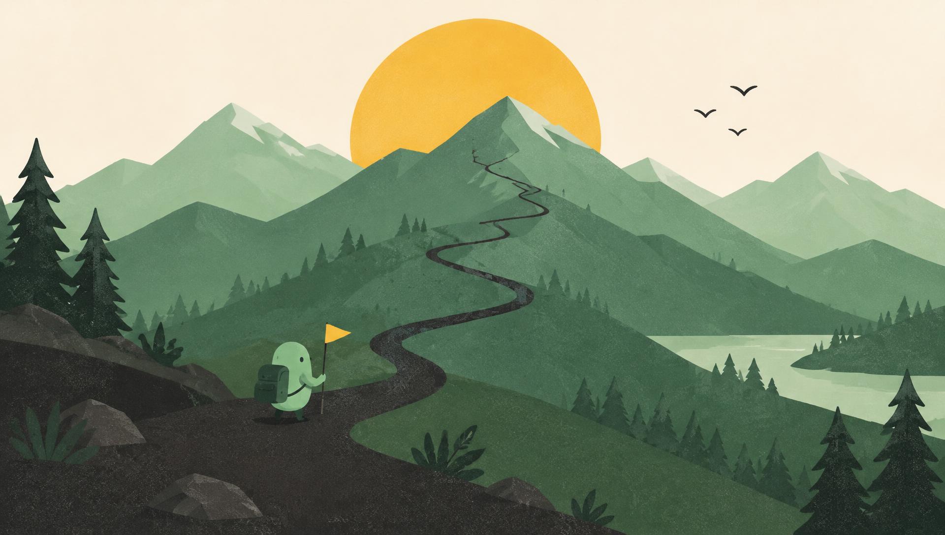 Illustrated mountain trail at sunrise with Kippo, the little trail buddy, walking a winding path